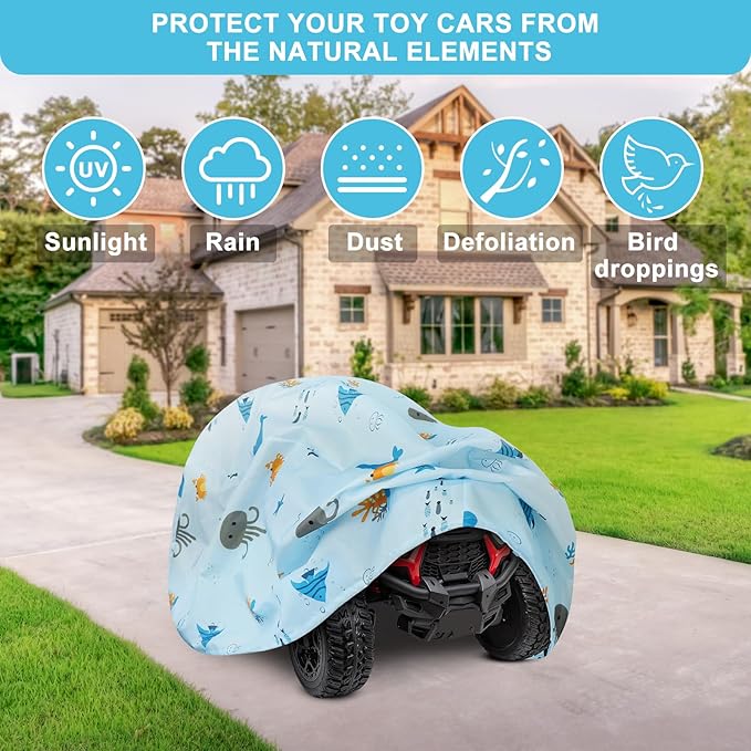 Ride On Toy Car Cover with Marine Animal Print, Waterproof Cover for Jeep, Tarp for Outdoor Kids Electric Car All Weather - Universal Fit