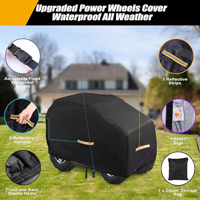 Large Kids Car Cover，Upgraded Power Wheels Covers Waterproof All Weather，Heavy Duty Kids Ride-On Car Cover with Nano Coating,Windproof Buckle and 3 Reflective Strips,Universal Kid Ride-on Accessories